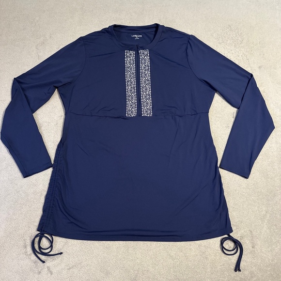 Lands End Long Sleeve XL/L 18 Blue Rashguard Swimsuit Top Ruched Side Embroidery - Picture 1 of 7